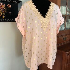 Dressy Pullover Shirt by Shein XL, Pale pink w/metallic gold brushstroke print
